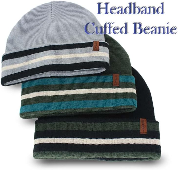 KNITDAY Men's Black Cuffed Running Golf Beanie Winter Hat for Men, Knitted Stripes Headband Pattern Cuff Beenie Skull Cap - Image 2